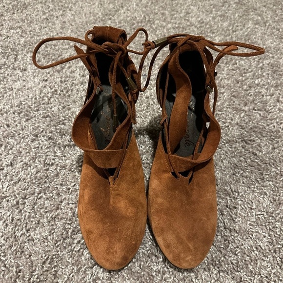 Free People Nouvella Wrap Brown Heels Suede Leather Wooden Heel,size 6.5 - Picture 6 of 13